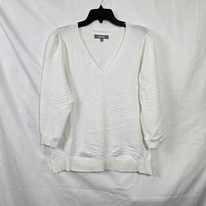 Marled Reunited Clothing Women's White V-Neck 3/4 Sleeve Textured‎ Sweater Large